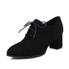 Pointed Toe Lace Up Chunky Heels Loafers - Black Flock
