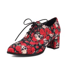 Pointed Toe Lace Up Chunky Heels Loafers - Red Fabric