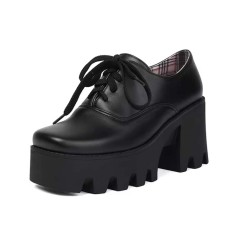 Square Toe Lace Up Platforms Printed Chunky Heels Loafers - Black Faux Leather