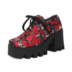 Square Toe Lace Up Platforms Flower Printed Chunky Heels Loafers  - Red Faux Leather