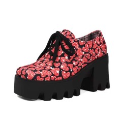 Square Toe Lace Up Platforms Heart Printed Chunky Heels Loafers  - Red Faux Leather