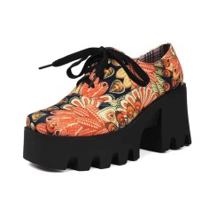 Square Toe Lace Up Platforms Flower Printed Chunky Heels Loafers - Yellow Faux Leather