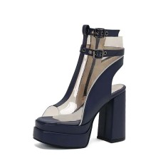 Peep Toe Chunky Heels Transparent Ankle Buckle Straps Double Platforms Sandals Booties - Blue Faux Leather PVC