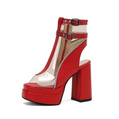Peep Toe Chunky Heels Transparent Ankle Buckle Straps Double Platforms Sandals Booties - Red Faux Leather PVC