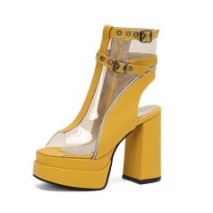 Peep Toe Chunky Heels Transparent Ankle Buckle Straps Double Platforms Sandals Booties - Yellow Faux Leather PVC