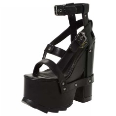 Peep Toe Chunky Heels Buckle Straps Punk Gothic Platforms Sandals - Black Faux Leather