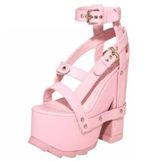 Peep Toe Chunky Heels Buckle Straps Punk Gothic Platforms Sandals - Pink Faux Leather