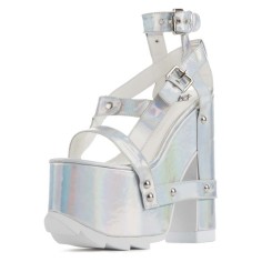 Peep Toe Chunky Heels Buckle Straps Punk Gothic Platforms Sandals - Metallic Silver Patent