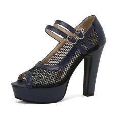 Peep Toe Cuban Heels Mary Janes Double Buckle Straps Platforms Fishnet Pumps - Blue Faux Leather