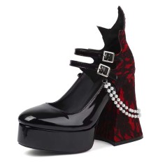 Round Toe Double Buckle Straps Beads Goth Shallow Platforms Chunky Heels Mary Janes Pumps - Black Patent