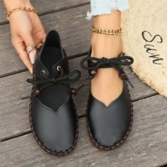Round Toe Lace Up Ethnic Traditional Stitch Decorated Babette Flats - Black Faux Leather