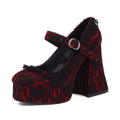 Lace Printed Chunky Heels Lace Up Platforms Mary Janes Gothic Pumps - Red Fabric