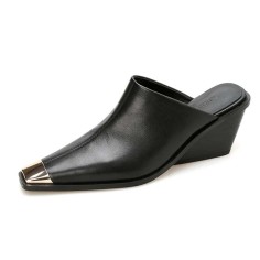 Pointed Metal Toe Wedges Heels Half Slippers Sandals - Black Leather