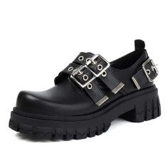 Round Toe Brogues Buckle Strap Metal Gothic Loafers  - Black Faux Leather