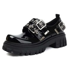Round Toe Brogues Buckle Strap Metal Gothic Loafers  - Black Patent