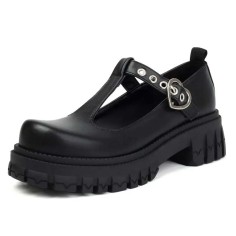Round Toe Mary Janes Chunky Heels T Straps Rivets Gothic Loafers  - Black Faux Leather