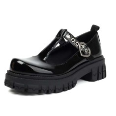 Round Toe Mary Janes Chunky Heels T Straps Rivets Gothic Loafers  - Black Patent