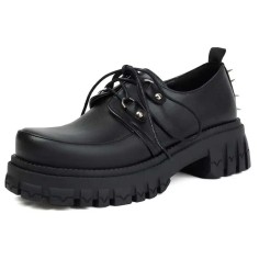 Round Toe Buckle Rivet Decorated Lace Up College Gothic Punk Loafers  - Black Faux Leather