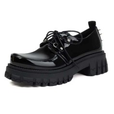 Round Toe Buckle Rivet Decorated Lace Up College Gothic Punk Loafers  - Black Patent