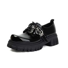 Round Toe Buckle Mary Janes Straps with Lace Up College Gothic Loafers  - Black Patent