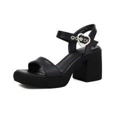 Peep Toe Chunky Heels Ankle Buckle Heart Straps Low Platforms Sandals - Black Faux Leather