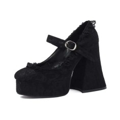 Round Toe Chunky Heels Mary Janes Buckle Straps Lace Decorated Gothic Pumps - Black Microfiber