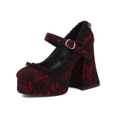 Round Toe Chunky Heels Mary Janes Buckle Straps Lace Decorated Gothic Pumps - Red Microfiber