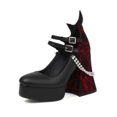 Round Toe Chunky Heels Hill Double Buckle Straps Beads Gothic Pumps - Black Faux Leather