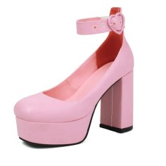 Round Toe Chunky Heels Ankle Heart Buckle Straps Platforms Pumps - Pink Faux Leather
