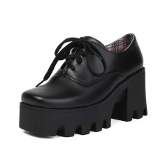 Square Toe Lace Up Chunky Heels Platforms Loafers  - Black Faux Leather