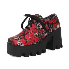 Square Toe Lace Up Chunky Heels Platforms Flower Skull Pattern Loafers  - Red Faux Leather