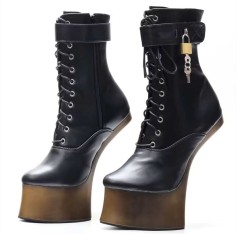 Fetish Ankle Padlock Heel-Less Platforms - Black with Gold Hoof