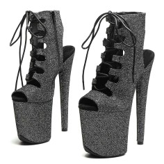Peep Toe Stiletto Heels Platforms Lace Up Side Zipper Summer Boots Sandals  - Brown Fabric