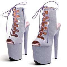 Peep Toe Stiletto Heels Platforms Lace Up Side Zipper Summer Boots Sandals  - LightPurple Fabric