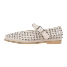 Round Toe Mary Janes Rhinestones Retro Flats - Beige Faux Leather