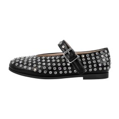 Round Toe Mary Janes Rhinestones Retro Flats - Black Faux Leather