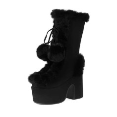 Round Toe Patchwork Fur Lace Up Cute Wool Balls Platforms Chunky Heels Knee Highs Boots - Black Flock