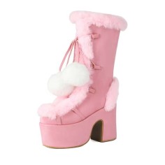 Round Toe Patchwork Fur Lace Up Cute Wool Balls Platforms Chunky Heels Knee Highs Boots - Pink Flock