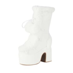 Round Toe Patchwork Fur Lace Up Cute Wool Balls Platforms Chunky Heels Knee Highs Boots - White Flock
