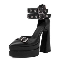 Pointed Toe Ankle Buckle Double Straps Platforms Chunky Heels Sandals - Black Faux Leather