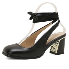 Square Toe Chunky Heels Slingback Ankle Lace Sandals - Black Faux Leather