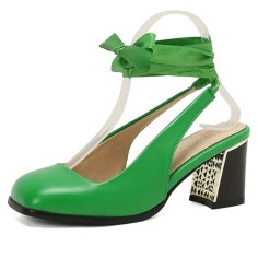 Square Toe Chunky Heels Slingback Ankle Lace Sandals - Green Faux Leather