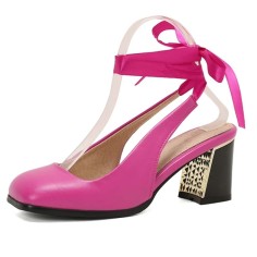 Square Toe Chunky Heels Slingback Ankle Lace Sandals - Rose Faux Leather