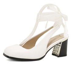 Square Toe Chunky Heels Slingback Ankle Lace Sandals - White Faux Leather