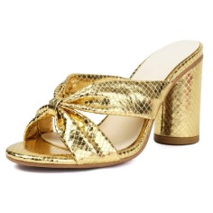 Peep Toe Snake Print Chunky Heels Knotted Slippers Sandals - Gold Faux Leather