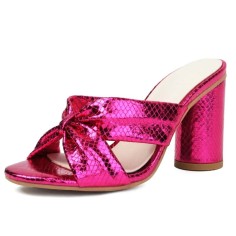 Peep Toe Snake Print Chunky Heels Knotted Slippers Sandals - Rose Faux Leather