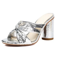 Peep Toe Snake Print Chunky Heels Knotted Slippers Sandals - Silver Faux Leather