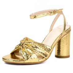 Peep Toe Snake Print Chunky Heels Knotted Ankle Buckle Straps Sandals - Gold Faux Leather