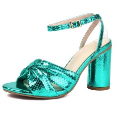 Peep Toe Snake Print Chunky Heels Knotted Ankle Buckle Straps Sandals - Green Faux Leather