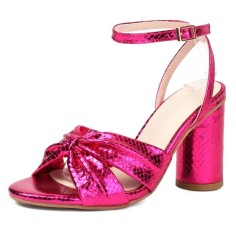 Peep Toe Snake Print Chunky Heels Knotted Ankle Buckle Straps Sandals - Rose Faux Leather